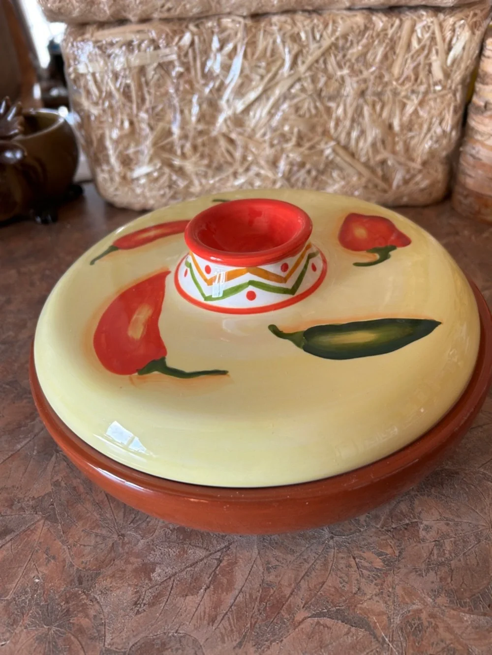 Vintage Clay Art Ceramic Handpainted Chili Pepper Inspired Tortilla Warmer